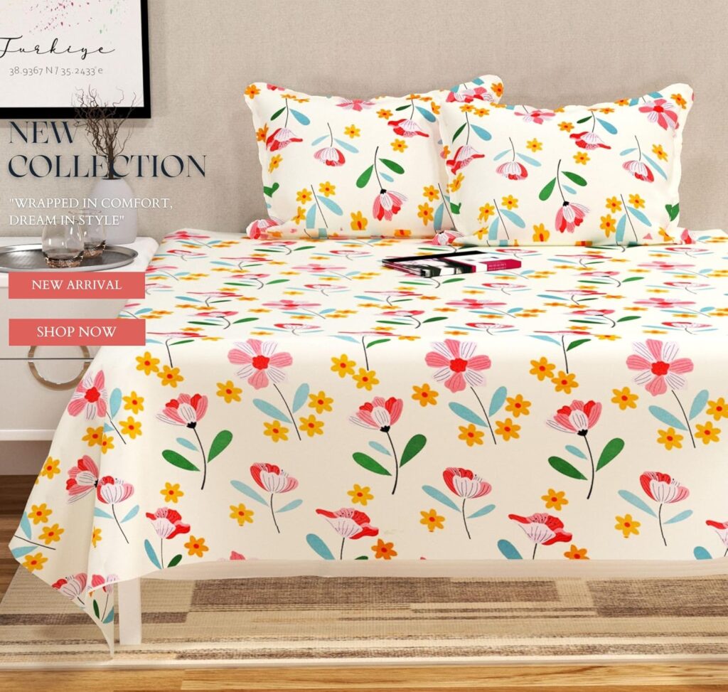 100% cotton feel double bed bedsheet set | 144 tc soft & breathable | mint green white flower print with 2 pillow covers | wrinkle free | for bedroom (90 x 90 inches)
